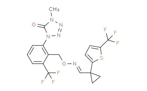 X4D915 | 1612665-03-8 | Cyclopropanecarboxaldehyde, 1-[5-(trifluoromethyl)-2-thienyl]-, O-[[2-(4,5-dihydro-4-methyl-5-oxo-1H-tetrazol-1-yl)-6-(trifluoromethyl)phenyl]methyl]oxime
